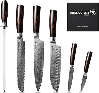 6 Piece Japanese Damascus Knife Set, Professional Chef Knife Set with VG10 Steel Core, Ultra Sharp 67-Layer Kitchen Knives, Pakkawood Handle Gift Box