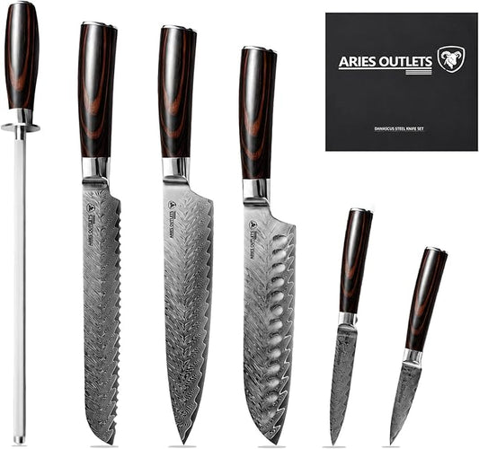 6 Piece Japanese Damascus Knife Set, Professional Chef Knife Set with VG10 Steel Core, Ultra Sharp 67-Layer Kitchen Knives, Pakkawood Handle Gift Box