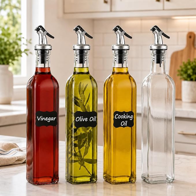 WERTIOO Olive Oil Dispenser Bottle 4Pack, 17oz Oil and Vinegar Dispenser Set, Glass Oil Dispenser for Kitchen with 4 Plastic Pourer, 2 Stainless Steel Funnel, 1 Pen and 8 Label for Kitchen