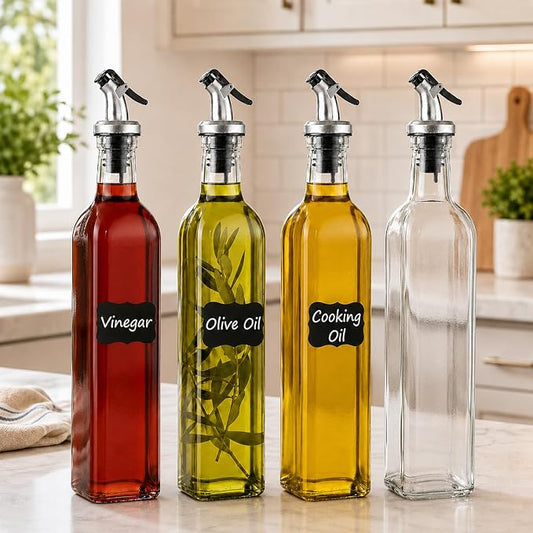 WERTIOO Olive Oil Dispenser Bottle 4Pack, 17oz Oil and Vinegar Dispenser Set, Glass Oil Dispenser for Kitchen with 4 Plastic Pourer, 2 Stainless Steel Funnel, 1 Pen and 8 Label for Kitchen
