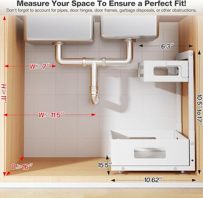 1 Pack Under Sink Organizer,Pull Out Cabinet Organizer With Smooth Cylindrical Rail,Metal Slide Out Drawer for Kitchen Bathroom Laundry Cabinet,8-Level Tool Free Height Adjustable-White