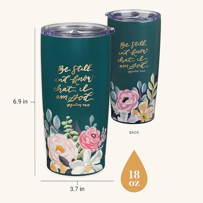 Christian Art Gifts Large Stainless Steel Inspirational Travel Mug Tumbler for Women: Be Still & Know Encouraging Scripture, Vacuum Insulated, Hot/Cold, Retractable Lid, Teal Multicolor Foral, 18 oz.