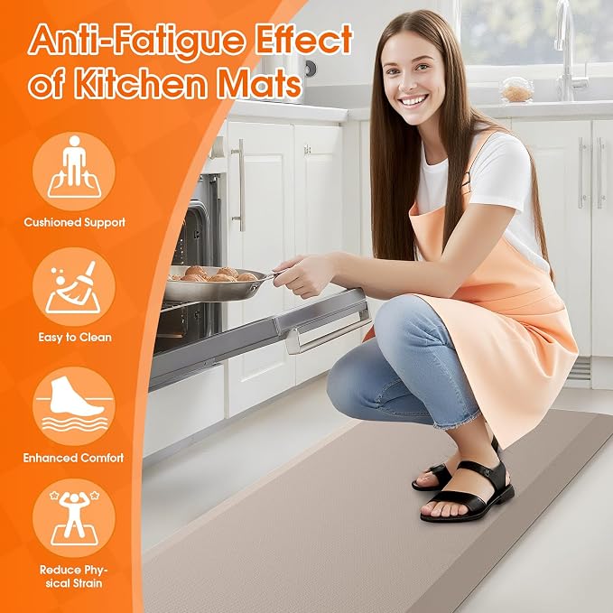 TranquilRelax Kitchen Mat, Cushioned Thick Floor Comfort Mat, with Non-Slip Bottom, Waterproof & Stain Resistant & Easy Clean, Standing Desk Mat for Kitchen, Sink, Office (17.3''x60'', Khaki)