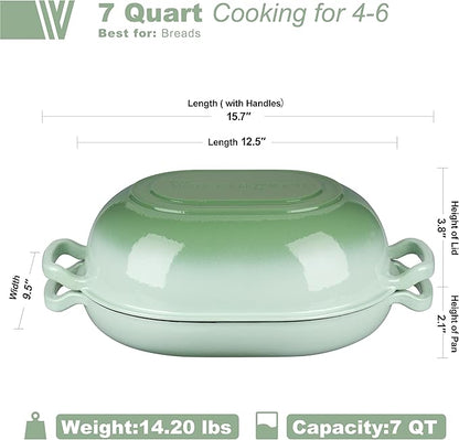 VORRINGARD Enameled Cast Iron Sourdough Bread Oven, Dutch Oven, Loaf Cast Iron Bread Pan for Homemade Bread Baking, Meatloaf Pan with Lid, 7QT, Green