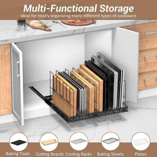 Housolution Pull Out Large Baking Tray and Cookie Sheet Organizer, 13"-22" Width Expandable Cutting Board Holder with 8 Adjustable Dividers, 21.5" Deep Bakeware Storage Rack for Cabinet, Black