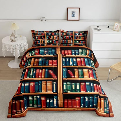 Manfei Bookshelf Comforter Set King Size,Anime Bookcase Theme Down Alternative Adults Bedroom Decor,Pixelated Pixel Style Games Ultra Soft Microfiber Inner Fill 3Pcs Bedding
