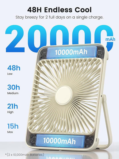 Warmco 20000mAh Battery Powered Fan, 8-Inch Ultra-Slim Portable Camping Fan with LED Lantern, Up to 48H Runtime Rechargeable Desk Fan for Bedroom, Outdoor, Tent, Travel, Cruise Ship Essentials
