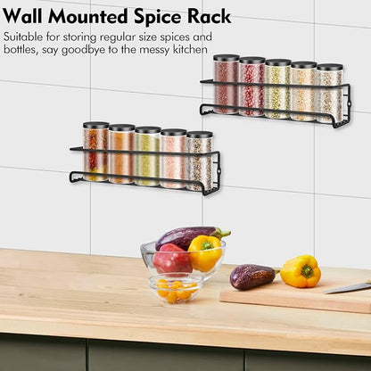 Wall Mounted Spice Rack, Hanging Spice Organizers, Kitchen Condiments Storage for Space Saving (2pcs, Black)