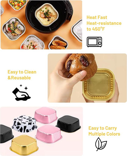 30 Pack 5oz Square Mini Cake Pans with Lids and Spoons,Aluminum Foil Baking Cups,Disposable Mini Loaf Pans Ramekins for Brownie, Cheesecake, Mousse & Wedding Party Favors-Pink