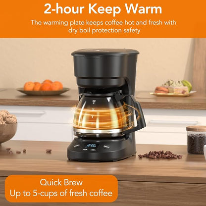 Electactic 5-Cup Drip Coffee Maker, a compact coffee machine with a digital clock and 24-hour programmable timer, featuring Auto Shut-Off, and a Removable Filter Basket for Home & Office-Deep Black