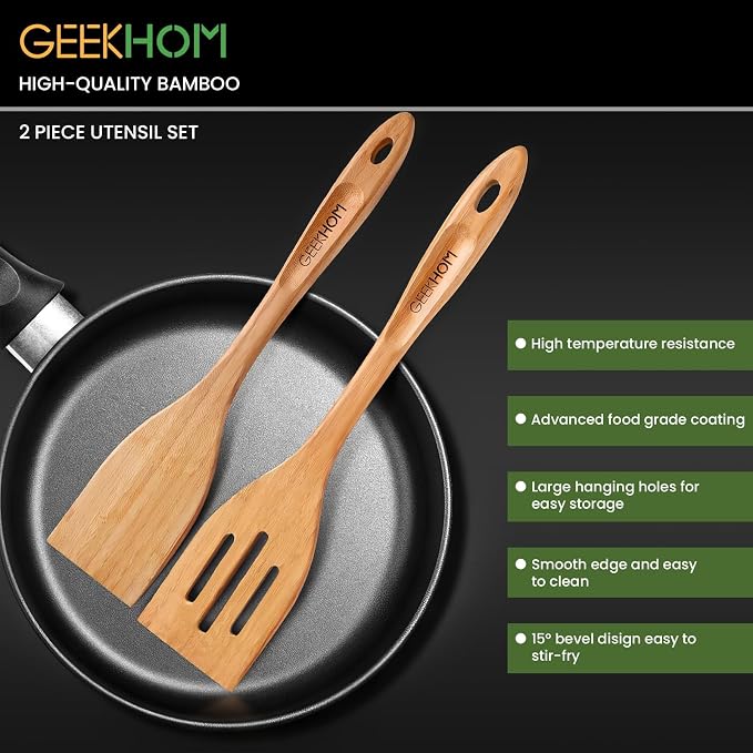 GEEKHOM Slotted Wooden Spurtle Bamboo Turners : 13 Inch Long Handle for Sourdough Starter, Mixing Reaching Jar Bottom, Nonstick Cookware 2 Pack
