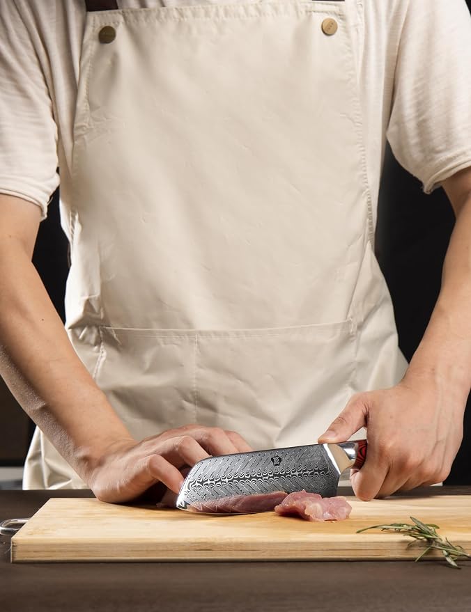 WILDMOK Damascus Santoku Knife, 7 Inch Sharp Professional Meat Vegetable Knife, Japanese Super VG10 Steel Multifunction Asian Knife with Full Tang G10 Handle-Song Series