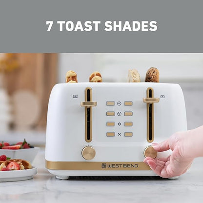 West Bend Timeless 4-Slice Toaster with 7 Browning Levels, Bagel/Waffle/Defrost Settings, High-Lift Lever, Anti-Jam, Easy-Clean Crumb Tray, 4-Slice, White/Gold
