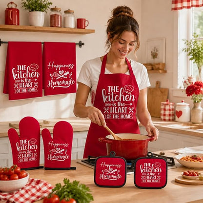 Sratte 6 Pcs Kitchen Decor Accessories Set Farmhouse Towels Pot Holders Oven Mitts Set 2 Dish Towels 2 Potholders 2 Cooking Mittens Oven Glove for Christmas Baking Cooking Supply(Red,Kitchen)