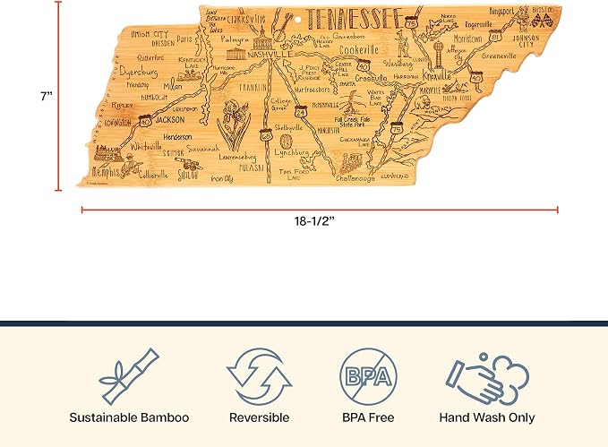 Totally Bamboo Destination Tennessee Shaped Cutting Board – Bamboo Charcuterie and Serving Board with Hang Tie for Wall Display