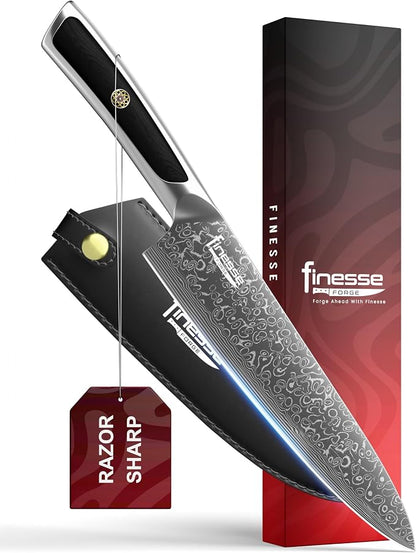 8" Professional Chef Knife, 67-Layer Damascus Steel Kitchen Knife with Ergonomic Handle, Premium Knife for Home & Professional Cooking + Leather Sheath & Gift Box