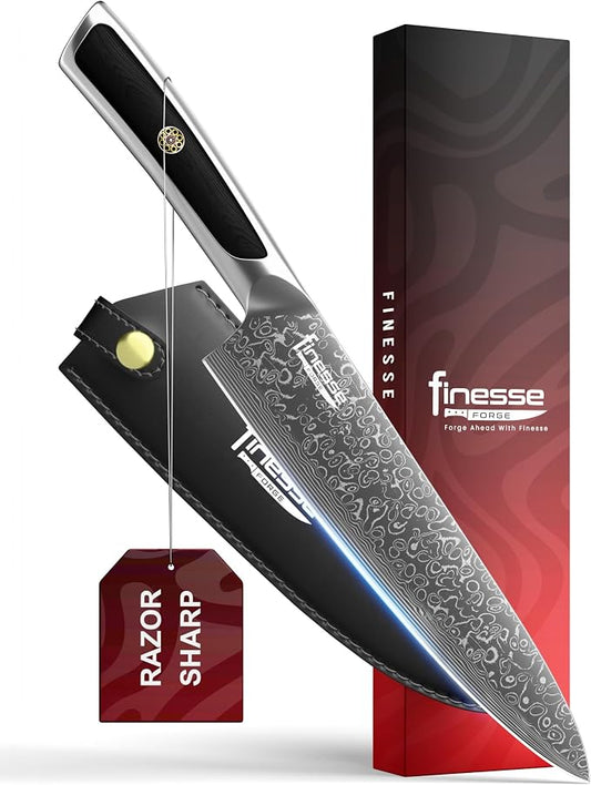 8" Professional Chef Knife, 67-Layer Damascus Steel Kitchen Knife with Ergonomic Handle, Premium Knife for Home & Professional Cooking + Leather Sheath & Gift Box