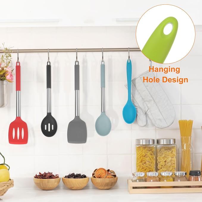 HARFINGTON 2Pcs Silicone Spoons, Heat Resistant Kitchen Cooking Utensil Spoon for Cooking, Mixing, Stirring and Serving, Light Green