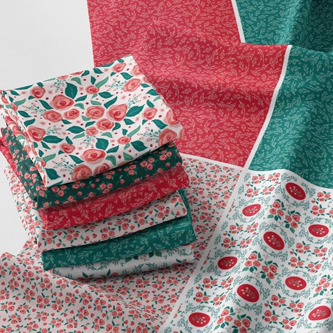 Floral Patchwork Fabric Panel 100x155 cm – 100% Cotton Satin, 6 Coordinated Rose & Botanical Prints on One Continuous Sheet (Assorted Floral & Botanical Prints, 6pcs 50x50cm)