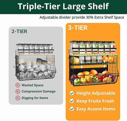 3-Tier Magnetic Shelf for Fridge with Divider & Bamboo Top, Fruit Basket Potato and Onion Storage Bins, Kitchen Large Container Magnetic Spice Rack for Refrigerator, Kitchen Counter, Fridge Organizer