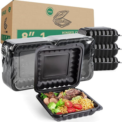 8 Inch 34oz 55-Pack Black To Go Boxes - Shrink Wrapped No Pre-Wash | BPA Free Sturdy Reusable & Elegant | Microwave Safe for Hot Meals, Leftovers & Events | Disposable Takeout Food Containers