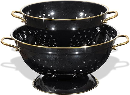 Metal Colander 2 Pack, 3.5 Quart Powder Coated Self-draining Solid Ring Base Metal Large Kitchen Pasta Vegetable Fruit Strainer with Handle (L-BLACK)