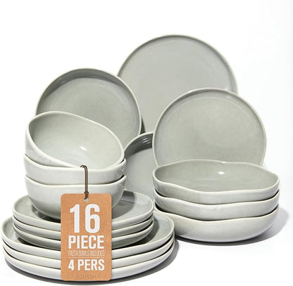 Pokini Plates and Bowls Sets, 16 Pieces Dinnerware Set for 4 with Pasta Bowls, Handmade Dishes Set, Chip Resistant Dishware Sets, Microwave Safe Dinner Set, Designed for Interactive Meals, Gray Green