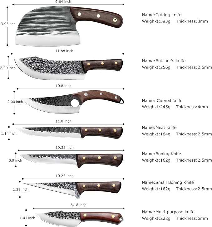 ZENG 8 Pieces Butcher Knife Set with Roll Bag, Chef Knife Set for Meat Cleaver Cutting & Viking Knives with Ergonomic Handles, Stainless Steel Hand Forged Kitchen Knife Set for Home, Cooking, Camping
