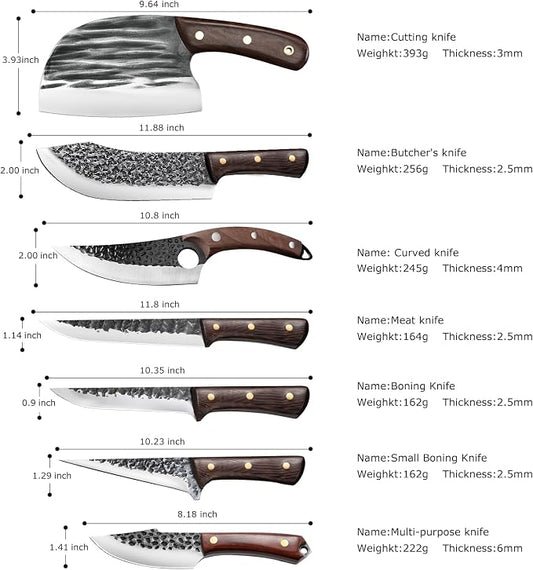 ZENG 8 Pieces Butcher Knife Set with Roll Bag, Chef Knife Set for Meat Cleaver Cutting & Viking Knives with Ergonomic Handles, Stainless Steel Hand Forged Kitchen Knife Set for Home, Cooking, Camping