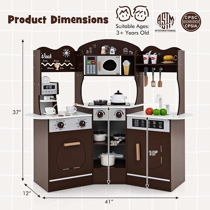 Costzon Corner Play Kitchen, Wooden Kids Kitchen Playset with Lights & Sound, Coffee Maker, Washing Machine, Oven, Microwave, Toddler Toy Kitchen for Pretend Play, Gift for Boys Girls 3+ (Brown)