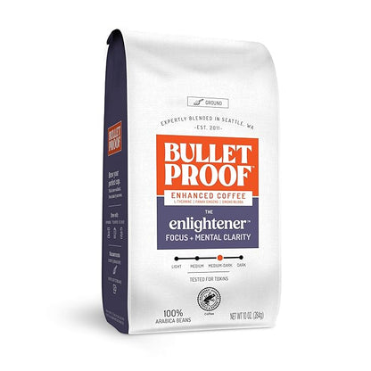 Bulletproof Enlightener Ground Coffee, Enhanced Coffee with L-Theanine, Panax Ginseng and Gingko Biloba, Supports Mental Clarity, Focus, and Memory, Medium-Dark Roast, 10 oz