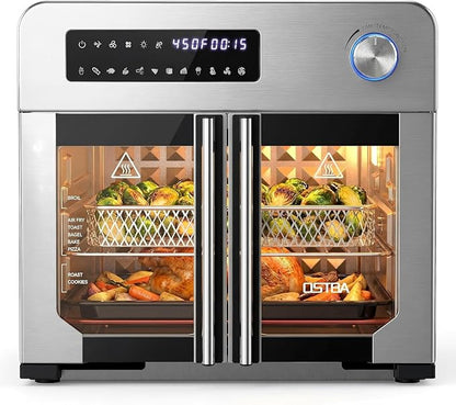 OSTBA French Door Air Fryer Toaster Oven Combo, 10-in-1 Air Fryer Toaster Oven with Rotisserie, 24QT Large Countertop Convection Oven, 102 Recipes & 7 Accessories, Stainless Steel