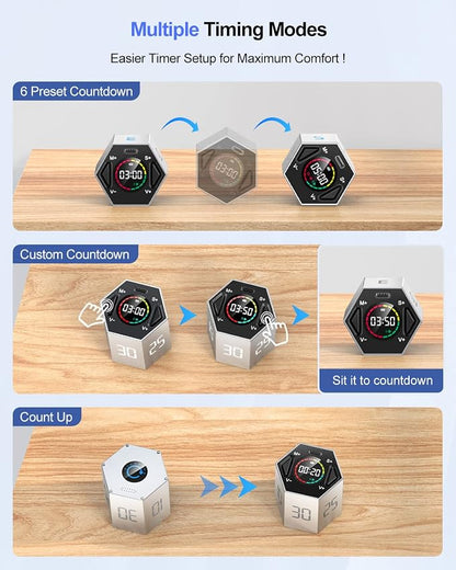 Ticktime Pomodoro Timer, Productivity Timer Cube, 3/5/10/15/25/30 Min Presets, Custom Countdown & Stopwatch 1s–99m59s, Sound/Vibration/Silent, Magnetic, Rechargeable, for ADHD Study Work, Gray