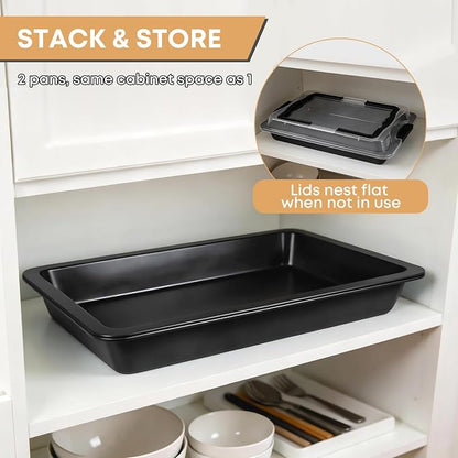 Black Sheet Cake Pan with Lid, 2-Pack 15"×10"×2" Deep Jelly Roll Pan, Nonstick Ceramic Coating, PFOA & PTFE Free, Oven Safe 450°F, for Texas Sheet Cake, Brownies, Potluck