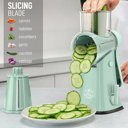 Zulay Kitchen Rotary Cheese Grater 5 Blade Cheese Shredder - Manual Hand Crank Cheese Grater With Reinforced Suction & 5 Interchangeable Drums - Easy to Use, Vegetable Chopper Round Mandoline Slicer