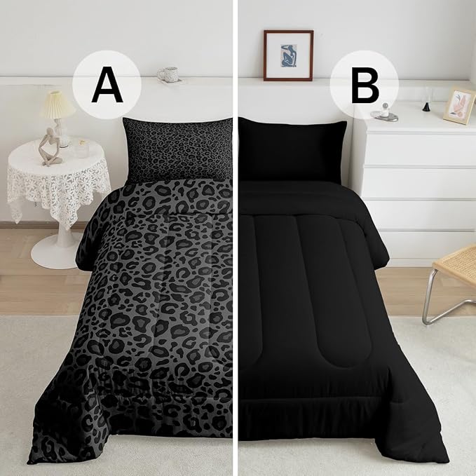 Manfei Black Wild Animal Skin Boys Girls Comforter Set Full Size Leopard Print Duvet Set Teens Bedroom Decor African Cheetah Wildlife Microfiber Soft Bedding