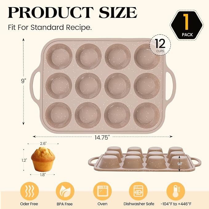 Vinino Silicone Muffin Pans for Baking with Metal Reinforced Frame, 12 Cups Regular Size Nonstick Brown Silicone Cupcake Pan, BPA Free Oven Dishwasher Safe Baking Mold for Muffins Cupcakes