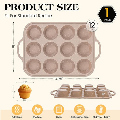 Vinino Silicone Muffin Pans for Baking with Metal Reinforced Frame, 12 Cups Regular Size Nonstick Brown Silicone Cupcake Pan, BPA Free Oven Dishwasher Safe Baking Mold for Muffins Cupcakes