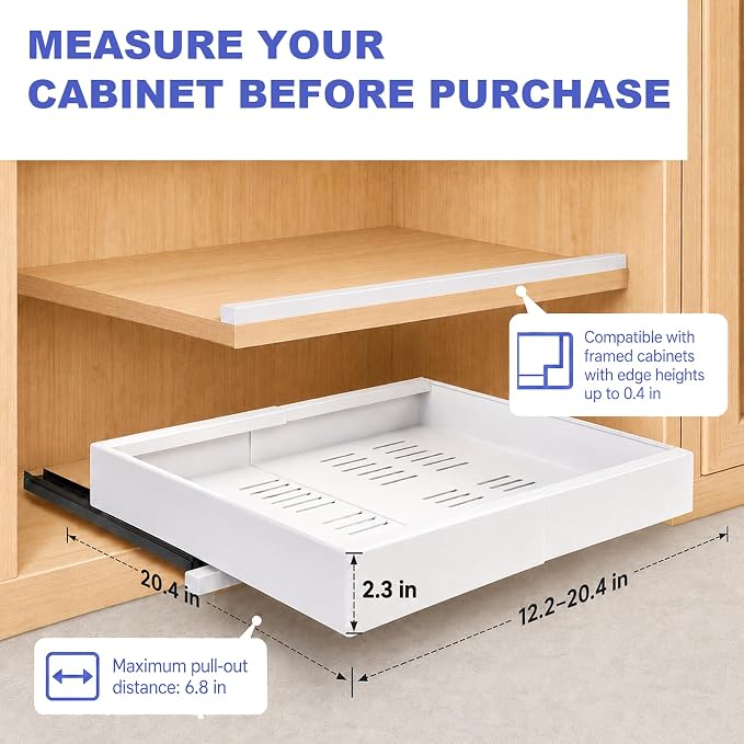 Expandable Pull Out Cabinet Organizer, No-Drill Pull Out Drawers, Roll-Out Shelf with Adhesive Pad & 3 Slide Rails for Framed Cabinets, Kitchen Pantry, 21" Deep, 12.2"-20.4", White, 4 Pack