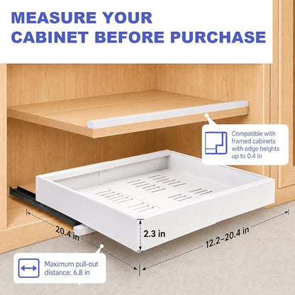Expandable Pull Out Cabinet Organizer, No-Drill Pull Out Drawers, Roll-Out Shelf with Adhesive Pad & 3 Slide Rails for Framed Cabinets, Kitchen Pantry, 21" Deep, 12.2"-20.4", White, 4 Pack
