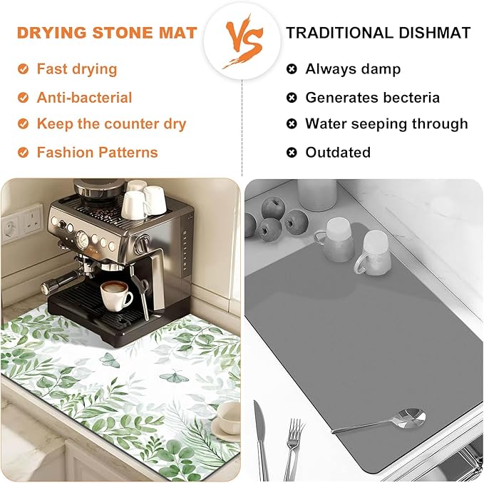 LOKHOM Dish Drying Mat for Kitchen Counter, 17"x32" Absorbent Mat with Green Plant & Butterfly Pattern, Drain Rack Mat for Counter Coffee Maker, Dining Room Decor