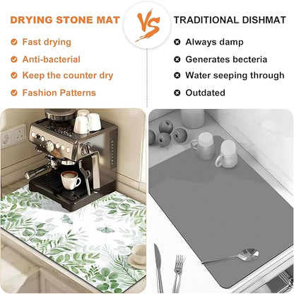 LOKHOM Dish Drying Mat for Kitchen Counter, 17"x32" Absorbent Mat with Green Plant & Butterfly Pattern, Drain Rack Mat for Counter Coffee Maker, Dining Room Decor