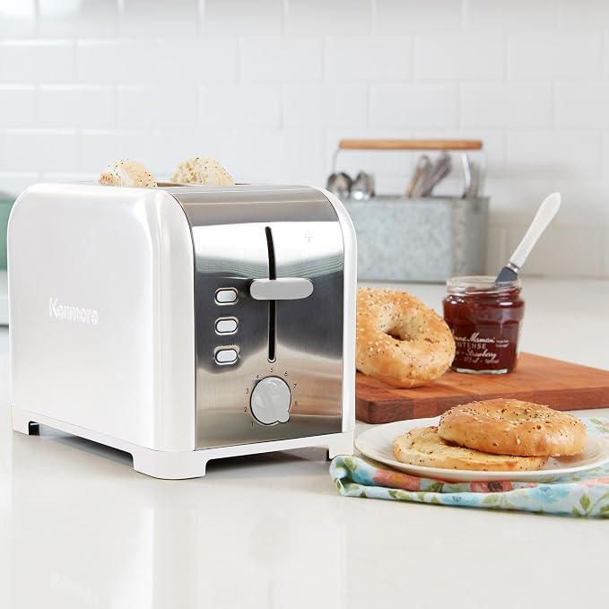 Kenmore 2-Slice Toaster, White Stainless Steel, Extra Wide Slots, Bagel and Defrost Functions, 9 Browning Levels, Removable Crumb Tray, for Bread, Toast, English Muffin, Toaster Strudel