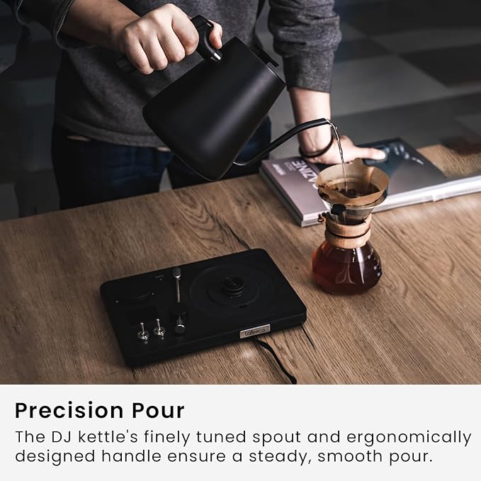 Lafeeca DJ Electric Gooseneck Kettle - Pour Over Coffee & Tea - Turntable Design - Water Boiler - Quick Heating & Temperature Control - Black