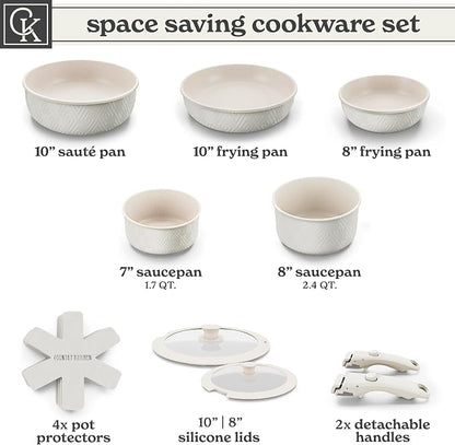 Country Kitchen Cookware Set with Removable Handle, Oven & RV Safe Pots and Pans Set, Cream Rhombus, Original