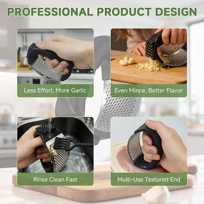 Garlic Press Rocker 304 Stainless Steel Garlic Mincer Crusher Easy to Clean Dishwasher Safe Textured End for Light Tenderizing, with Silicone Peeler and Cleaning Brush (Green)