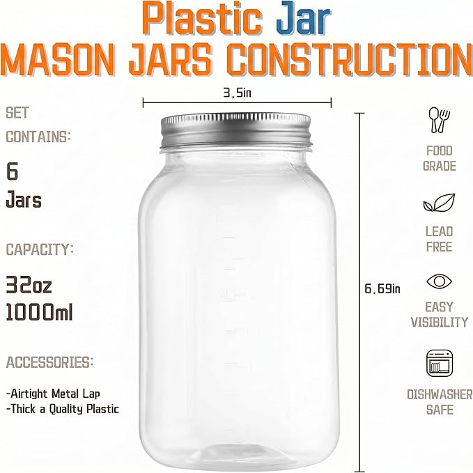 novelinks 32 oz Clear Plastic Jars with Lids, 6 Pack Large Plastic Mason Jars with Lids 32oz, Reusable Quart Containers for Kitchen Organization (6 Pack,Silver)