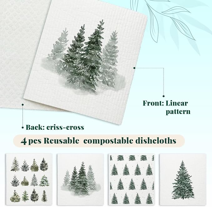 Christmas Pine Tree Winter Swedish Dishcloths for Kitchen, Swedish Dish Cloths for Christmas Tree, Papaya Reusable Paper Towels, 4 Pack Dish Towels for kitchen, Reusable Paper Towels Washable