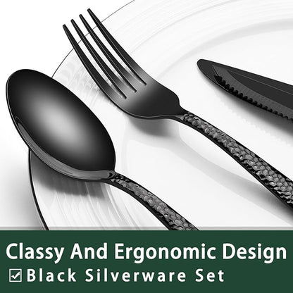 EWFEN 24-Piece Black Silverware Set with Steak Knives, Black Flatware Set for 4, Food-Grade Stainless Steel Tableware Cutlery Set, Mirror Finished Utensil Sets for Home Restaurant, Wave Hammered