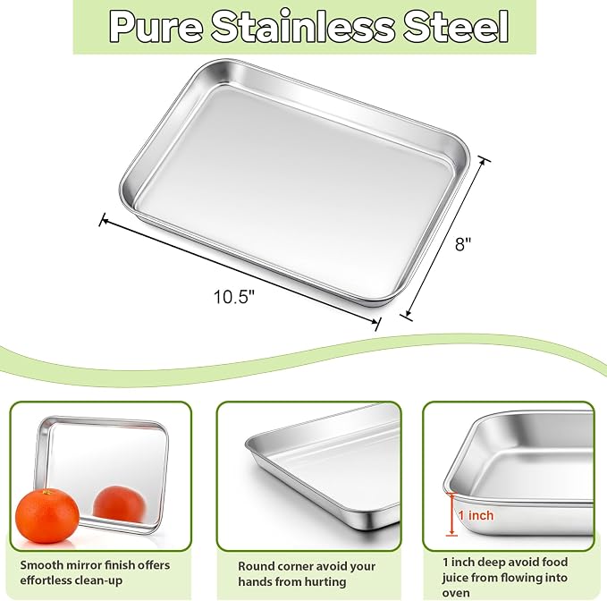 TeamFar Toaster Oven Tray, 10.5’’ x 8’’ x 1’’, Stainless Steel Small Baking Pan Tray Cooling Roasting Rack with Silicone Mat Set for Daily Use, Non-toxic & Sturdy, Oven & Dishwasher Safe, Set of 3